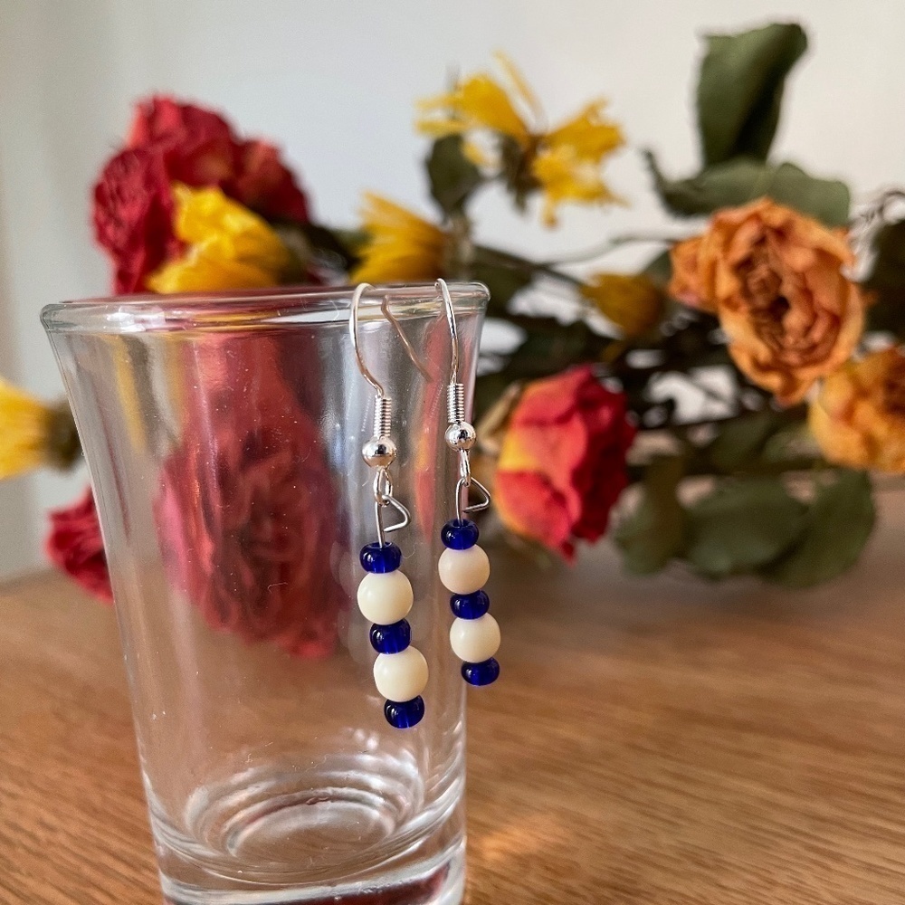 Navy Cream Beaded Earrings
